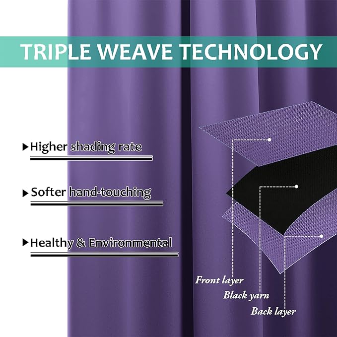NICETOWN 100% Blackout Blinds, Set of 2, 52 inches x 120 inches, Laundry Room Decor Window Treatment Curtains for Large Patio Sliding Door, Thermal Insulated Lilac Purple Curtains for Bedroom
