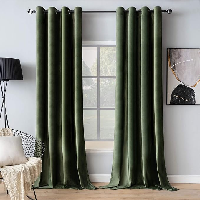 MIULEE Velvet Curtains Olive Green Elegant Grommet Curtains Thermal Insulated Soundproof Room Darkening Drapes for Classical Living Room Bedroom Decor 52 x 94 Inch Set of 2