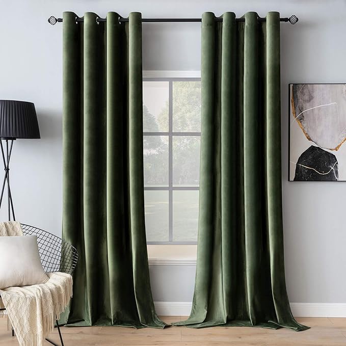 MIULEE Velvet Curtains Olive Green Elegant Long Grommet Curtains Black Out Thermal Insulated Soundproof Room Darkening Drapes for Classical Living Room Bedroom Decor 52 x 96 Inch Length 2 Panels Set
