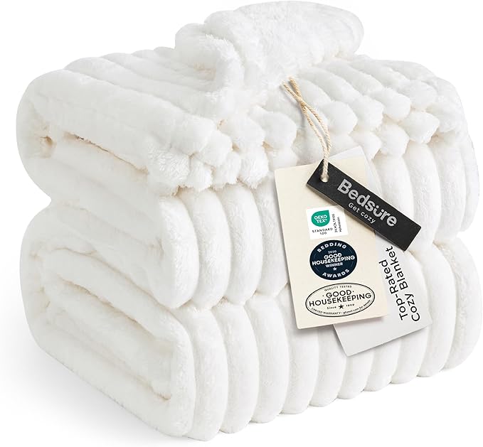 Bedsure GentleSoft Blankets Queen Size for Bed - Cozy Soft Sofa Couch Cover Blankets for Women, Cute Large Bedding Fleece Throws for Girls, Off White, 90x90 Inches