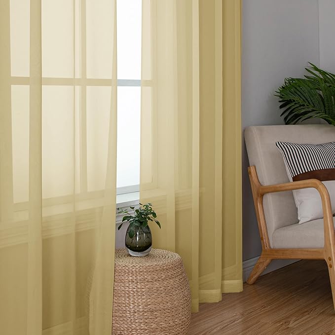 Simplebrand Rod Pocket Top Solid Voile Sheer Curtains for Bedroom, 54 Inch Length Drapes Set of 2, Lightweight and Light Filtering Elegant Curtains Panels Window Treatment, 42W×54L, Gold