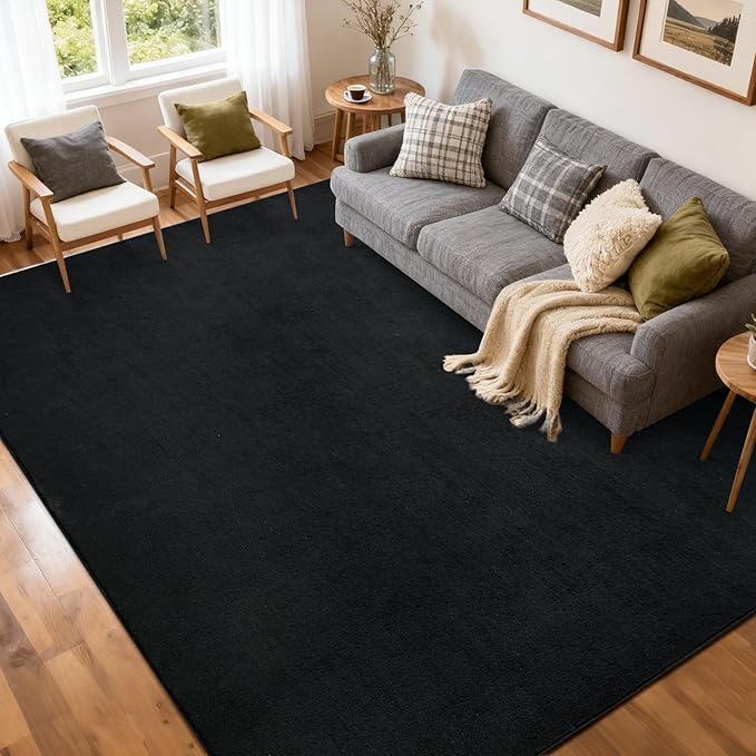 FinRèc 5x7 Washable Area Rugs for Bedroom Living Room, Low Pile Thin Rug Solid Color, Non-Slip Carpet Indoor for Home Decor (Pure Black)