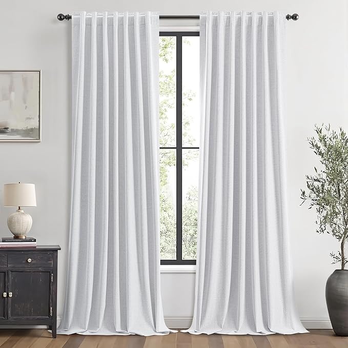 MIULEE 100% Blackout Linen Curtains for Bedroom, Grayish White Solid Luxury Decor Thermal Insulation Room Darkening Drapes for Living Room Nursery Back Tab Rod Pocket 42 x 108 Inches, 2 Panels