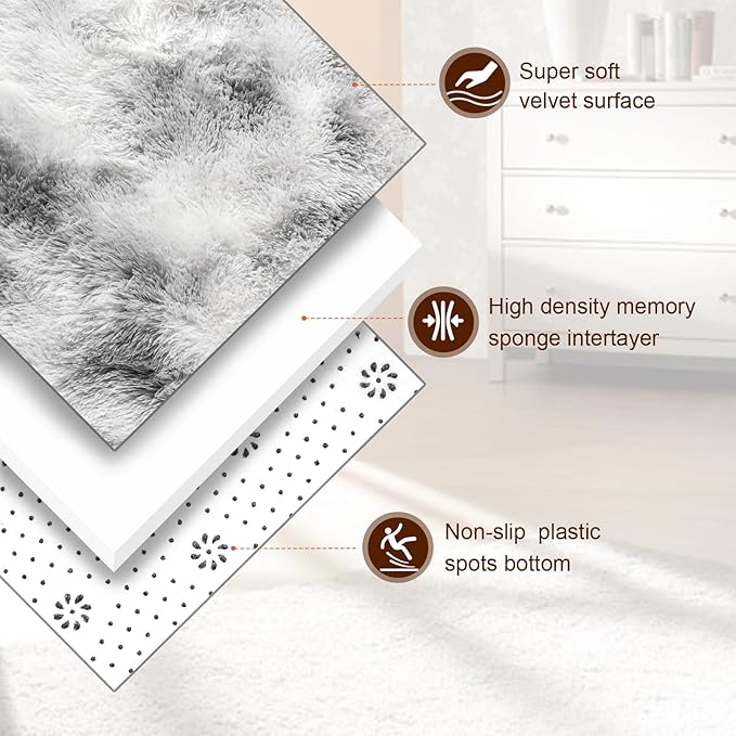 TWINNIS Super Soft Shaggy Rugs Fluffy Carpets 9x12 Feet, Indoor Modern Plush Area Rugs for Living Room Bedroom Kids Room Nursery Home Decor, Upgrade Anti-Skid Fuzzy Rug, Grey and White