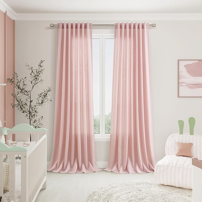 Pink Linen Curtains 72 Inch Length for Baby Girl Bedroom Lightweight Door Drapes 2 Panels Set for Kids Sheer Light Filtering Back Tab Rod Pocket Curtain for Kitchen Protect Privacy 52x72
