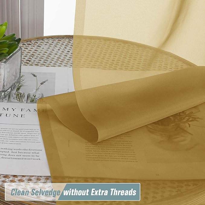 Gold Sheer Curtains 63 Inch Length 2 Panels, Voile Sheer Curtain for Living Room, Breathable Light Filtering Modern Window Treatments, Soft Fabric Dual Rod Pocket Drapes, 2x42Wx63L Inches