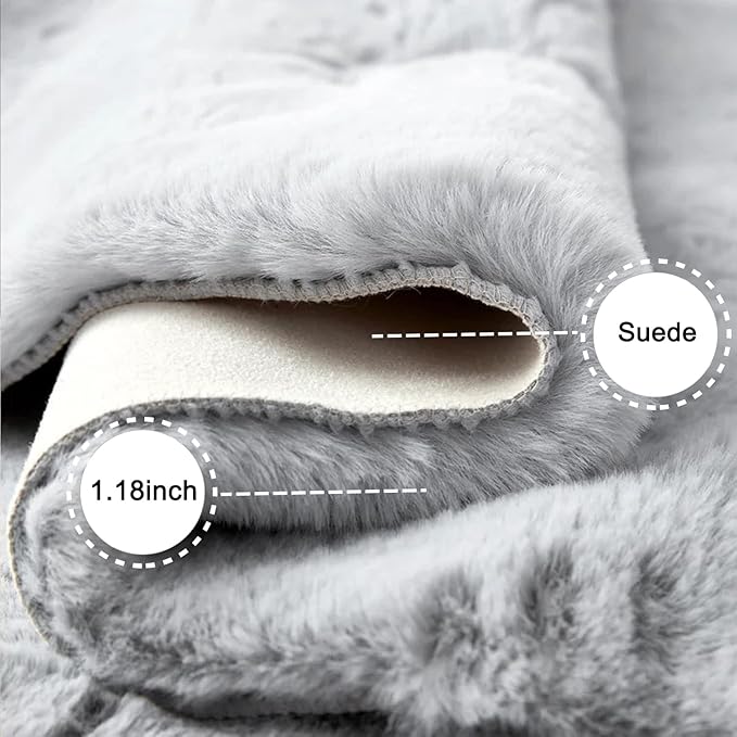 Ghouse Grey Faux Rabbit Fur Rug 5x7 Machine Washable Area Rugs for Bedroom Fluffy Rugs for Living Room No-Shedding Carpet Sheepskin Rug