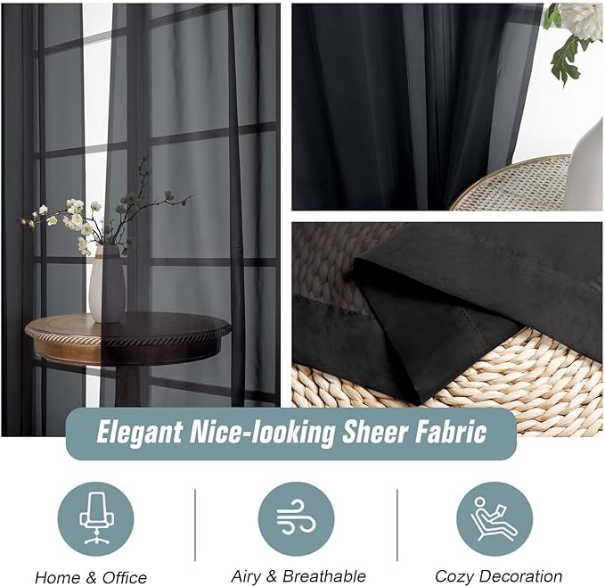 Halloween Black Sheer Curtains 84 Inches Long 2 Panels, Elegant Airy Transparent Light Filtering Window Curtains, Window Drapes for Living Room, Top Dual Rod Pocket Design, 2x42Wx84L Inches