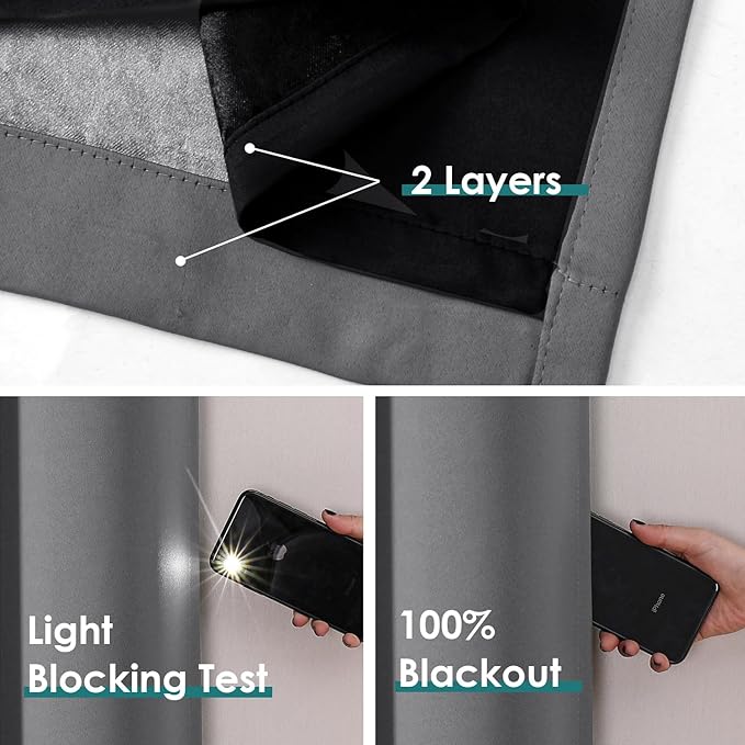 ChrisDowa 100% Blackout Curtains for Bedroom with Black Liner, 2 Thick Layers Total Blackout Thermal Insulated Grommet Small Window Curtains 2 Panels Set (Grey, 42 x 45 Inch)