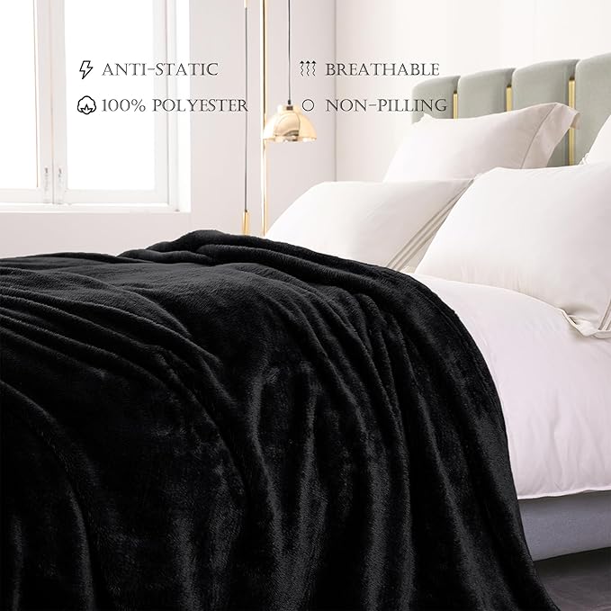 Exclusivo Mezcla Plush Fuzzy Fleece Bed Blanket King Size, Super Soft, Fluffy and Warm Blankets for Couch, Bed, All Season (Black, 90x104 inches)