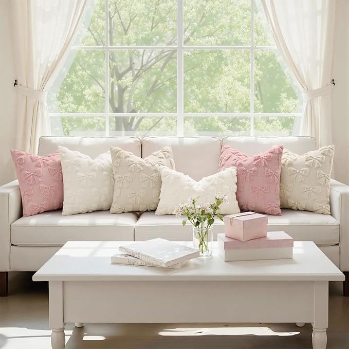 decorUhome Cream White Bow Pillow Covers Set of 2 Coquette Aesthetic Cute Preppy Plush Faux Pillowcases for Girly Bedroom or Couch 18x18 Inch