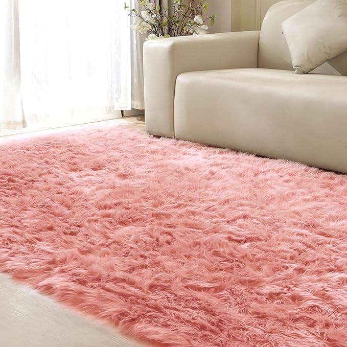 ORINOVA Pink Shag Faux Sheepskin Washable Fur Rug for Living Room Bedroom Furry Area Rug 4x6 Rectangle Rug Nursery Decor Girl