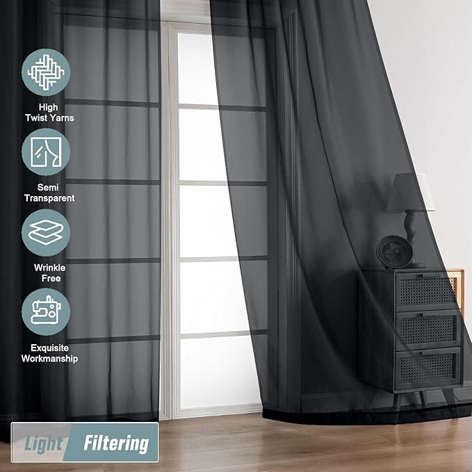 Black Sheer Curtains 216 Inches Long, Extra Long Elegant Light Filtering Voile Sheer Scarf Curtains for Wedding Party Ceremony Canopy Decor, Rod Pocket Window Drapes, 2x42Wx216L Inches
