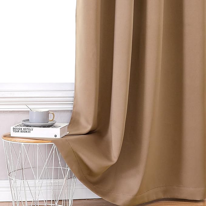 ChrisDowa 100% Blackout Curtains for Bedroom with Black Liner, 2 Thick Layers Total Blackout Thermal Insulated Grommet Window Curtains 2 Panels Set (Cappuccino, 42 x 84 Inch)