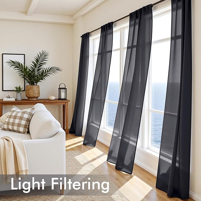 MIULEE Black Sheer Curtains 108 Inches Long, 4 Panels Set, Light Filtering Halloween Rod Pocket Voile Drapes for Living Room and Bedroom, Airy Soft Fabric Window Treatments, 54 x 108 Inches