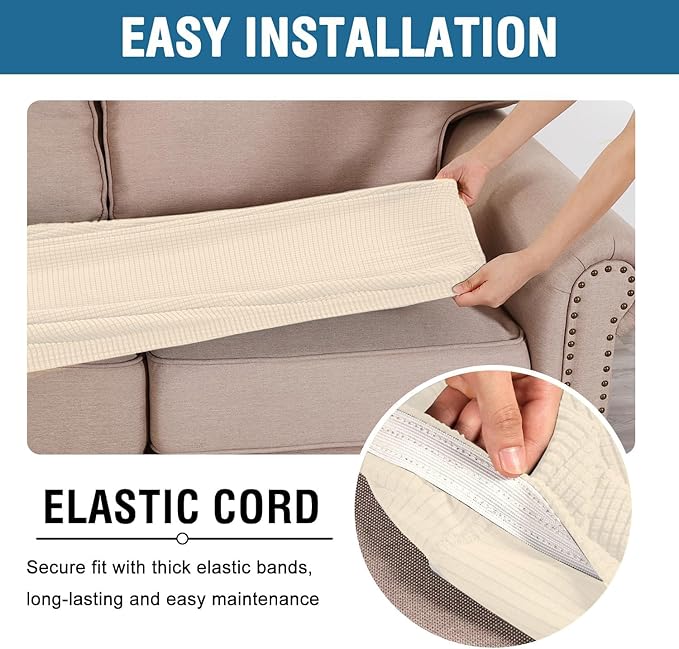 H.VERSAILTEX Super Stretch Individual Seat Cushion Covers Sofa Covers Couch Covers Slipcover Sets Thick Jacquard Textured Twill Fabric (2 Piece Medium Sofa Cushion Covers, Cream)