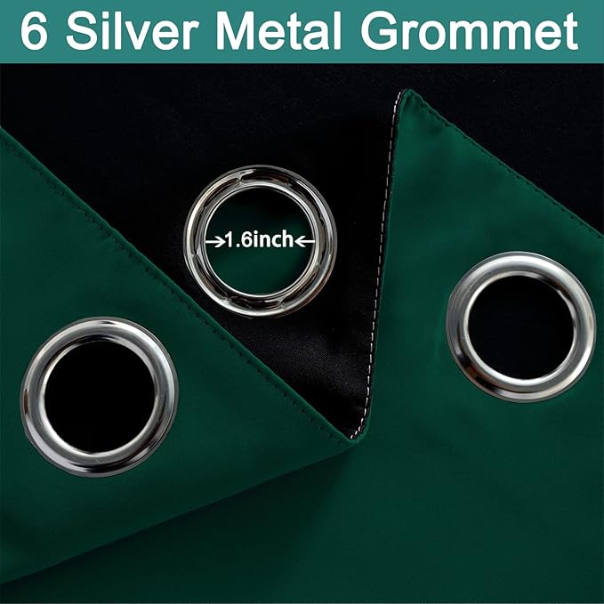 Yakamok 100% Blackout Thermal Insulated Curtains,Room Darkenning Curtains Soundproof Window Treatment Drapes for Living Room(42Wx63L,Dark Green, 2 Panels)