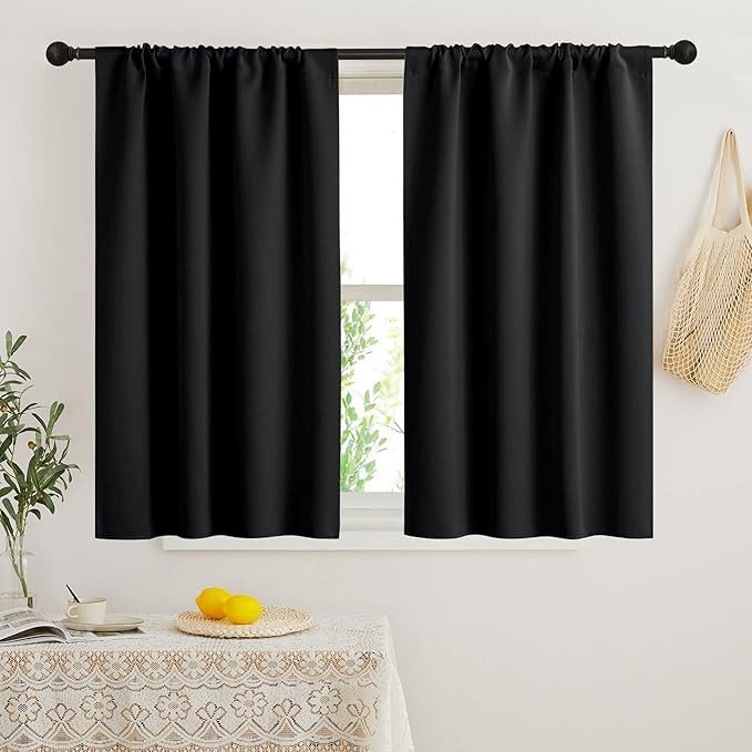 RYB HOME Short Blackout Curtains for Bedroom, Black Room Darkening Insulated Summer Heat Light UV Blocking Energy Saving Drapes for Nursery, Width 34 by Length 45, Black, Set of 2
