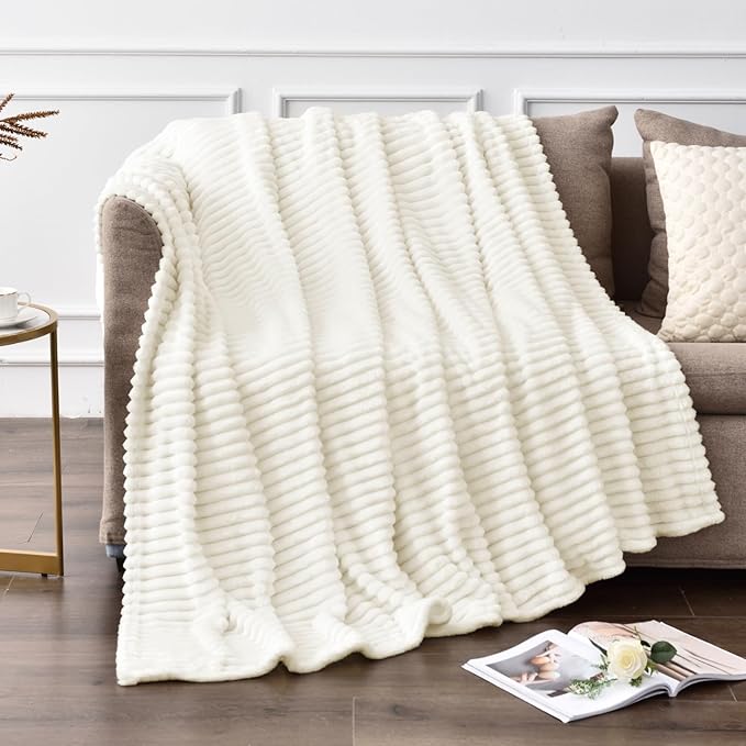 BEDELITE Fleece Blanket Twin Size – 3D Ribbed Jacquard Soft and Warm Decorative Fuzzy Blankets – Cozy, Fluffy, Plush Lightweight Throw Blankets for Couch, Bed, Sofa(Cream, 60x80 inches)