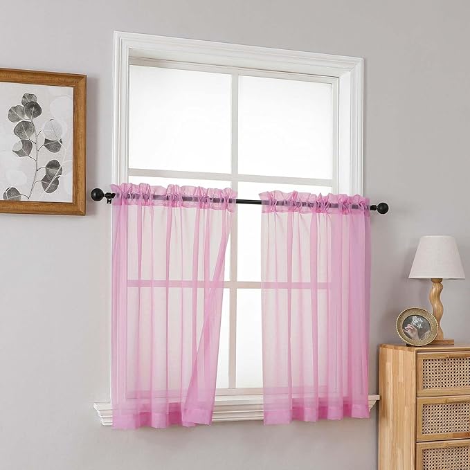 Light Pink Small Sheer Curtains 2 Panels Set, Kitchen Curtains 36 Inch Length, Elegant Light Filtering Short Window Drapes for Living Room Bedroom, Dual Rod Pocket Design, 2x42Wx36L Inches