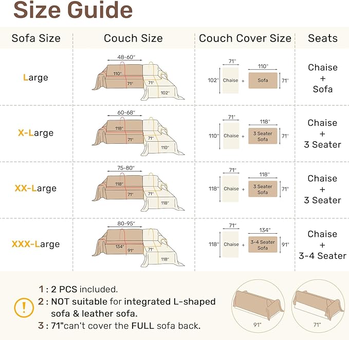 Sectional Couch Covers, 2 Pieces Washable L Shaped Couch Covers Sofa Blanket for Dogs Pet Friendly Sectional Sofa Slipcovers Furniture Covers,71"x 118"+ 71"x 118",(XX-Large,Cream White)