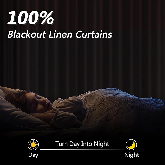 Guken 100% Blackout Linen Curtains 100 Inch Length 2 Panels Set for Living Room Bedroom Back Tab Rod Pocket Thermal Insulated Black Out Drapes Room Darkening Farmhouse Window Curtains,52x100
