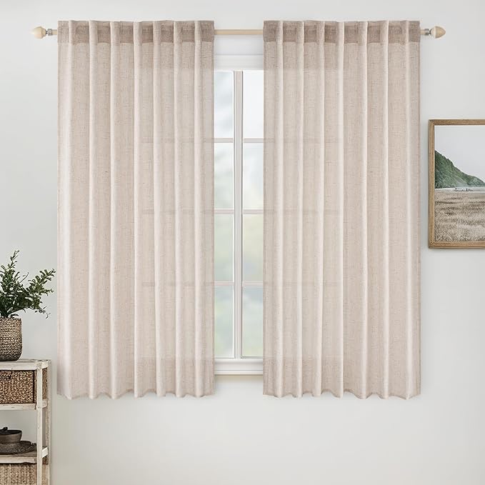 MIULEE Natural White Short Linen Curtains 45 Inch Length 2 Panels for Kitchen Bedroom Bathroom, Soft Thick Linen Textured Basement Window Drapes Semi Sheer Light Filtering Back Tab Rod Pocket