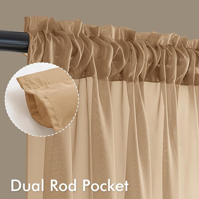 MIULEE Brown Sheer Curtains 102 Inches Long, 4 Panels Set, Light Filtering Rod Pocket Voile Drapes for Living Room and Bedroom, Airy Soft Fabric Window Treatments, 42 x 102 Inches