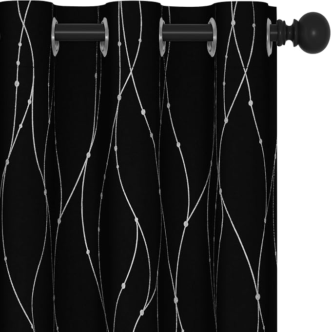 Deconovo Blackout Curtains for Bedroom, 72 Inch Length - Room Darkening Curtains, Window Grommet Curtains, Wave Line and Dots Pattern (W38 X L72, Black, Set of 2)