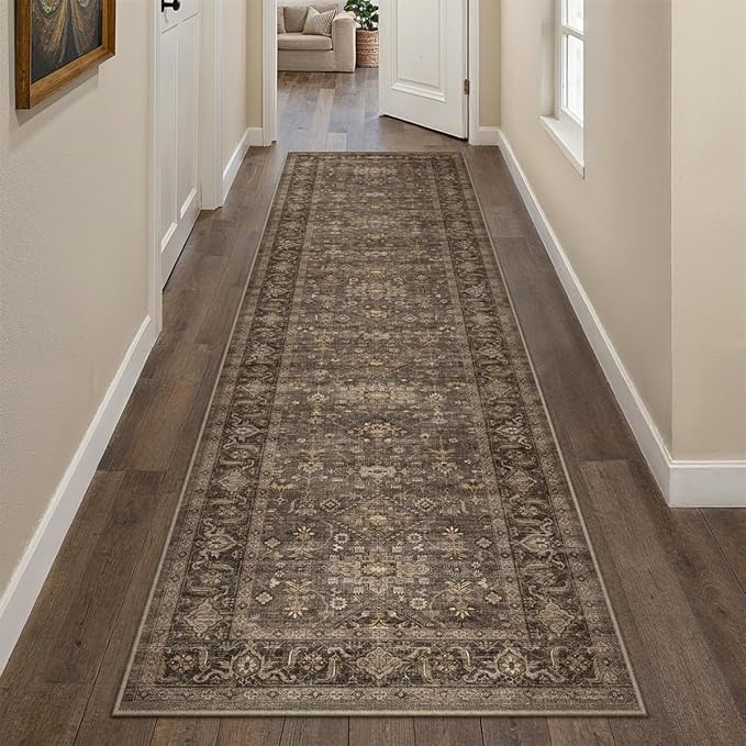 2'6x12 Washable Runner Rug for Hallway Kitchen Vintage Brown Non Slip Low Pile Carpet Traditional Retro Soft Throw Rug for Bathroom Bedroom Entryway Indoor Entrance