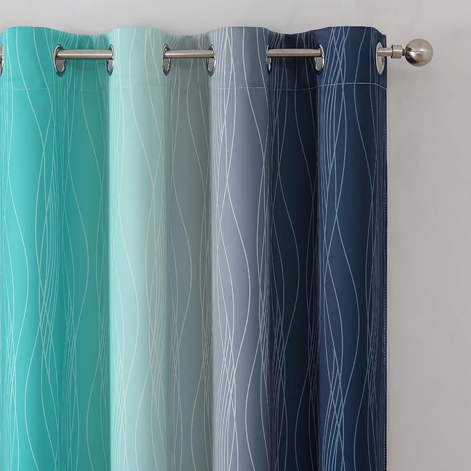 Estelar Textiler Navy Blue and Teal Ombre Blackout Curtains 90 Inches Long 2 Panels for Living Room, Thermal Insulated Drapes for Bedroom, Full Room Darkening Grommet Curtains for Sliding Door,52Wx90L