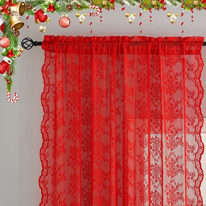 YJ YANJUN Vintage Lace Curtains 96 Inches Long-Victorian Floral Pattern Red Sheer Curtain Panels for Living Room Bedroom,Light Filtering, Xmas Gift for Holiday Decor 2 Panels 52W x 96L
