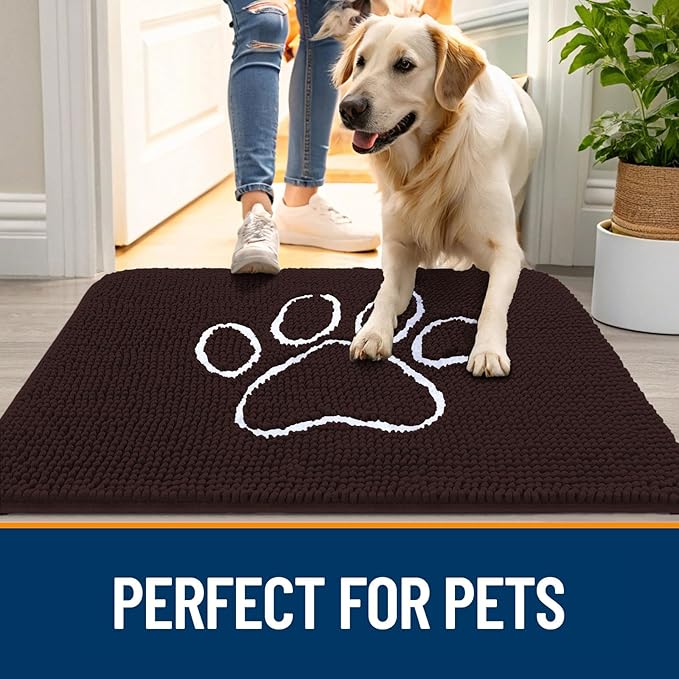 OLANLY Dog Door Mat for Muddy Paws 44x32, Paw Print Design, Absorbs Moisture and Dirt, Absorbent Non-Slip Washable Doormat, Quick Dry Chenille Mud Mat for Dogs, Entry Indoor Entryway Carpet, Brown