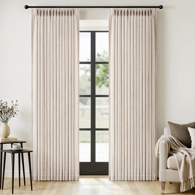 MIULEE Pinch Pleated Thick Linen Curtains 96 Inches Long 2 Panels for Living Room Bedroom, Memory Trained Pleat Drapes Light Filtering Cream Ivory Semi Sheer Window Curtains Hooks Rings Back Tab