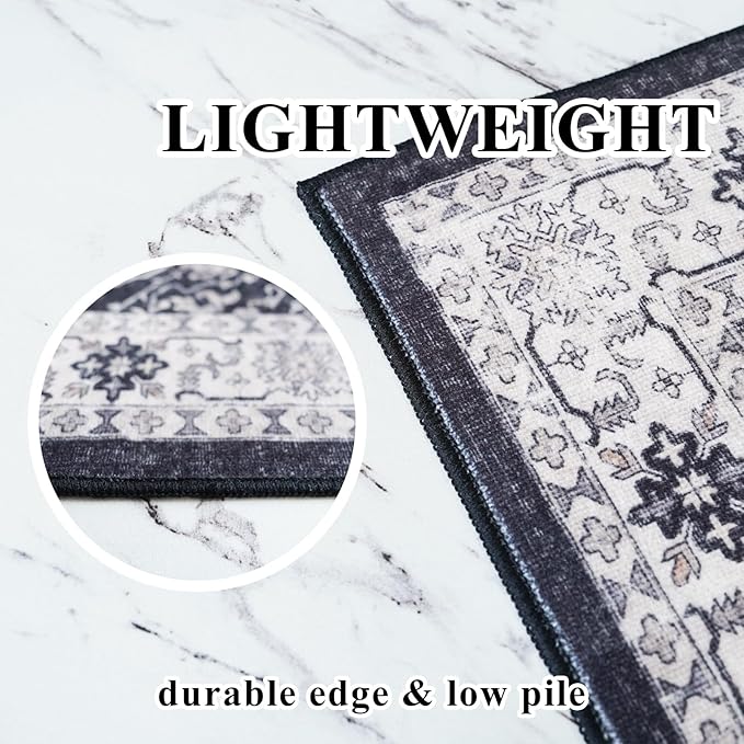 4x6 Living Room Area Rugs: Washable Non-Slip Boho Decorative Rugs for Bedroom Nursery Low Pile Neutral Small Carpet for Kitchen Dining Room Non-Shedding Floor Mat for Kids Room Office (4x6，Black)