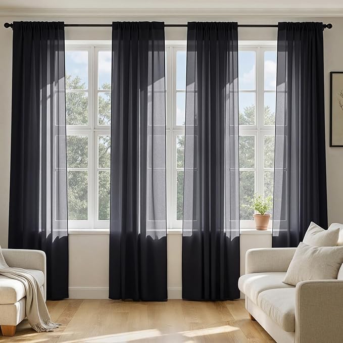 MIULEE Black Sheer Curtains 84 Inches Long, 4 Panels Set, Light Filtering Halloween Rod Pocket Voile Drapes for Living Room and Bedroom, Airy Soft Fabric Window Treatments, 54 x 84 Inches