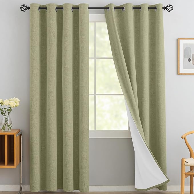 Yakamok Sage Green Linen Curtains 100% Blackout 96 Inches Long,Room Darkening Textured Curtains for Living Room Thermal Grommet Bedroom Curtain 2 Panels with Greyish White Liner