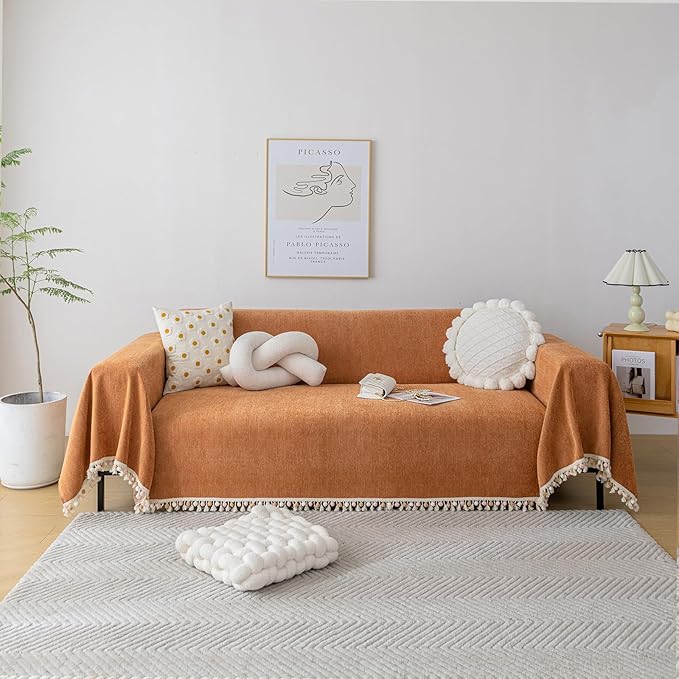HANDONTIME Dark Orange Sofa Covers Couch Cover for Dogs Colorful Tassel Lovetseat Cover Pet Couch Cover Bohemian Sofa Cover for Couch Vintage Boho Couch Covers Futon Cover Pet-Friendly, 91" X134"