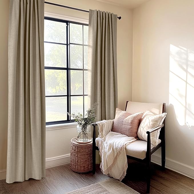100% Blackout Shield Linen Blackout Curtains for Bedroom 108 Inches Long, Back Tab/Rod Pocket Living Room Drapes, Thermal Insulated Blackout Curtains 2 Panels Set, 50" W x 108" L, Plaza Taupe