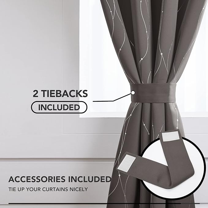 Deconovo Blackout Curtains, Thermal Insulaed Soundproof Drapes, Wave Dots Silver Print, 52 x 108 Inch Long, Set of 2, Machine Washable Window Panel for Sliding Door Bedroom Living Room Nursery, Taupe