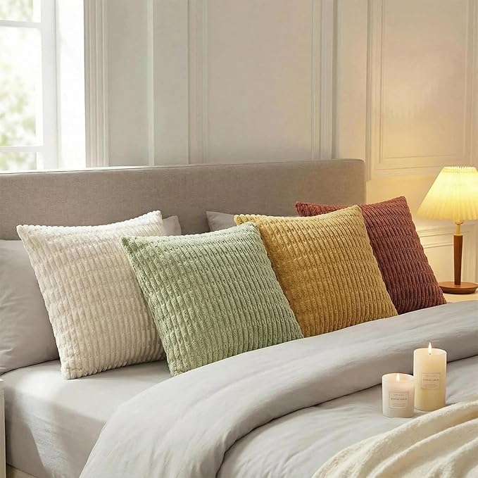 Fancy Homi 4 Packs Boho Fall Euro Decorative Throw Pillow Covers 28x28 Inch for Living Room Couch Bed, Rustic Farmhouse Home Decor, Soft Plush Striped Corduroy Square Colorful Cushion Case 71x71 cm