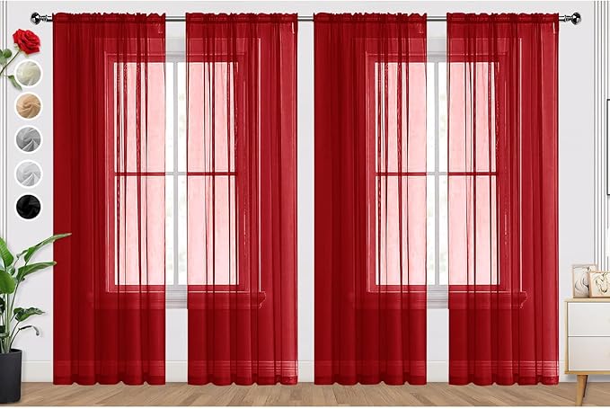 SpaceDresser Christmas Red Sheer Curtains 4 Panels Rod Pocket Semi-Sheer Curtain 96 Inches Long Light Filtering Voile Window Drapes for Bedroom Living Room Kitchen, Each 52W x 96L