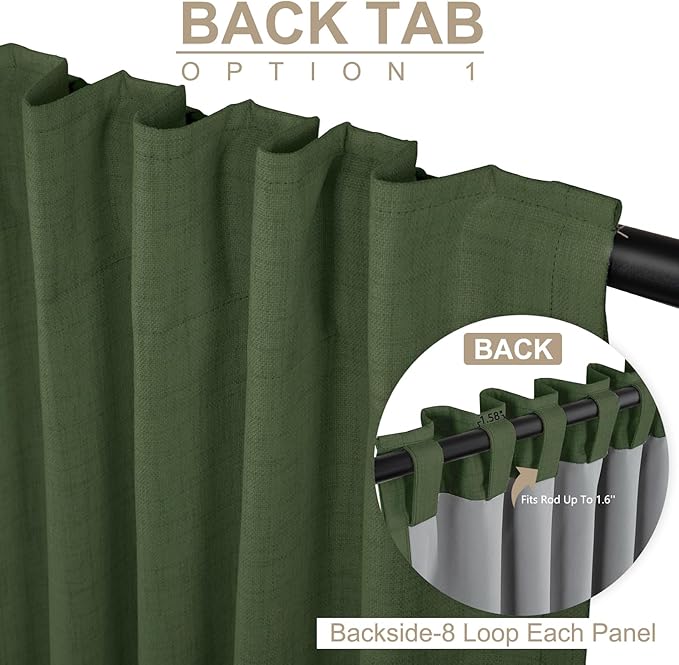 100% Blackout Shield Linen Blackout Curtains for Bedroom 63 Inches Long, Back Tab/Rod Pocket Living Room Drapes, Thermal Insulated Blackout Curtains 2 Panels Set, 50" W x 63" L, Moss Green