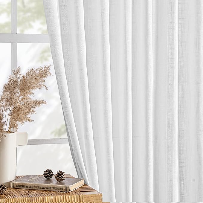 MIULEE White Linen Curtains 96 Inches Long 2 Panels for Bedroom Living Room, Soft Thick Linen Textured Back Tab Window Drapes Semi Sheer Light Filtering Rod Pocket Modern Farmhouse Decor