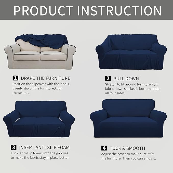 Easy-Going Stretch Loveseat Slipcover 1-Piece Sofa Cover Furniture Protector Couch Soft with Elastic Bottom for Kids Polyester Spandex Jacquard Fabric Small Checks (Loveseat, Navy)