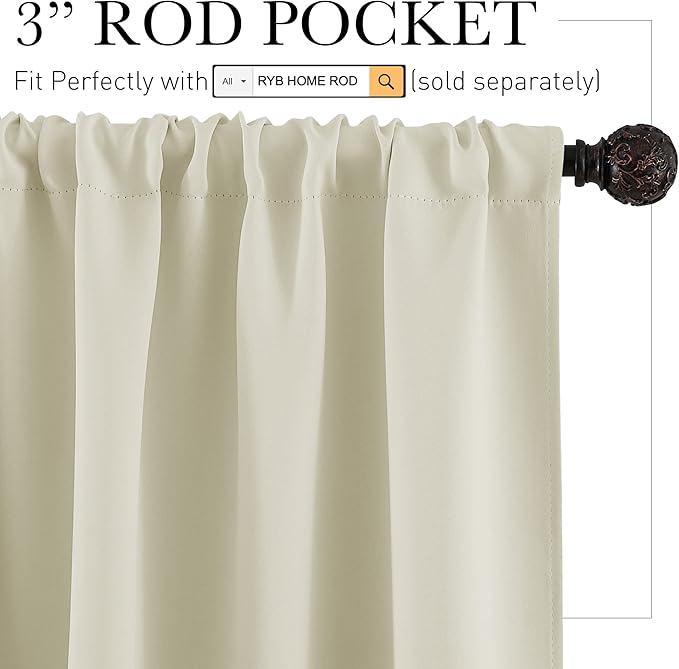 RYB HOME 54 inch Curtains for Living Room, Rod Pocket Thermal Insulated Small Window Drapes Room Darkening Shades for Bedroom Studio Dorm, W 42 x L 54 inch, Set of 2 Panels, Beige