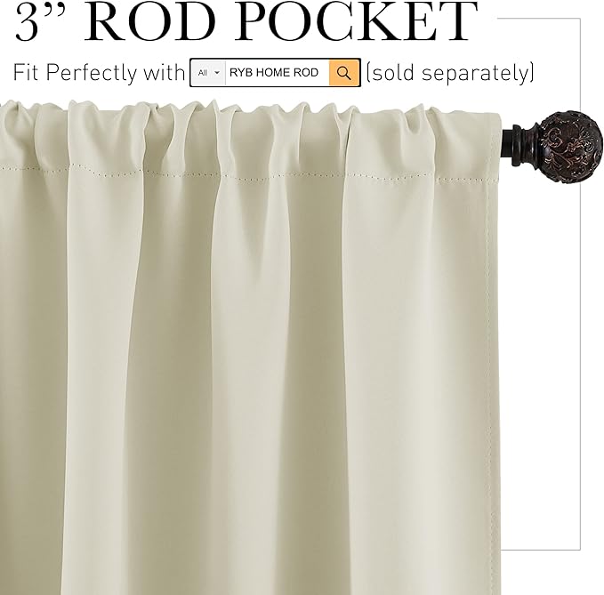 RYB HOME Cafe Curtains 30 inch Length, Short Light UV Heat Blocking Energy Saving Privacy Curtain Tiers for Basement Bathroom Kitchen Window, Width 29 by Length 30, Beige, 2 Panels