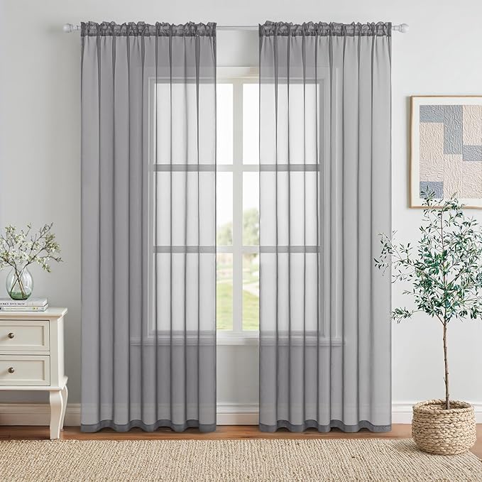 MIULEE Charcoal Grey Sheer Curtains 84 Inches Long 2 Panels, Light Filtering Voile Drapes with Rod Pocket for Bedroom and Living Room Windows