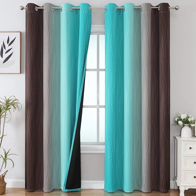 Estelar Textiler Teal and Brown Blackout Curtains for Bedroom, Thermal Insulated Drapes 108 Inches Long, Full Light Blocking Energy Saving Long Curtains for Living Room, 52Wx108L, 2 Panels