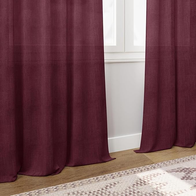 Nanspring Burgundy Linen Curtains 132 Inch Length for Living Room Light Filtering Semi Sheer Curtain Back Tab Vintage Boho Decor Drapes Floor to Ceiling High Window for Bedroom 52x132, 2 Panels